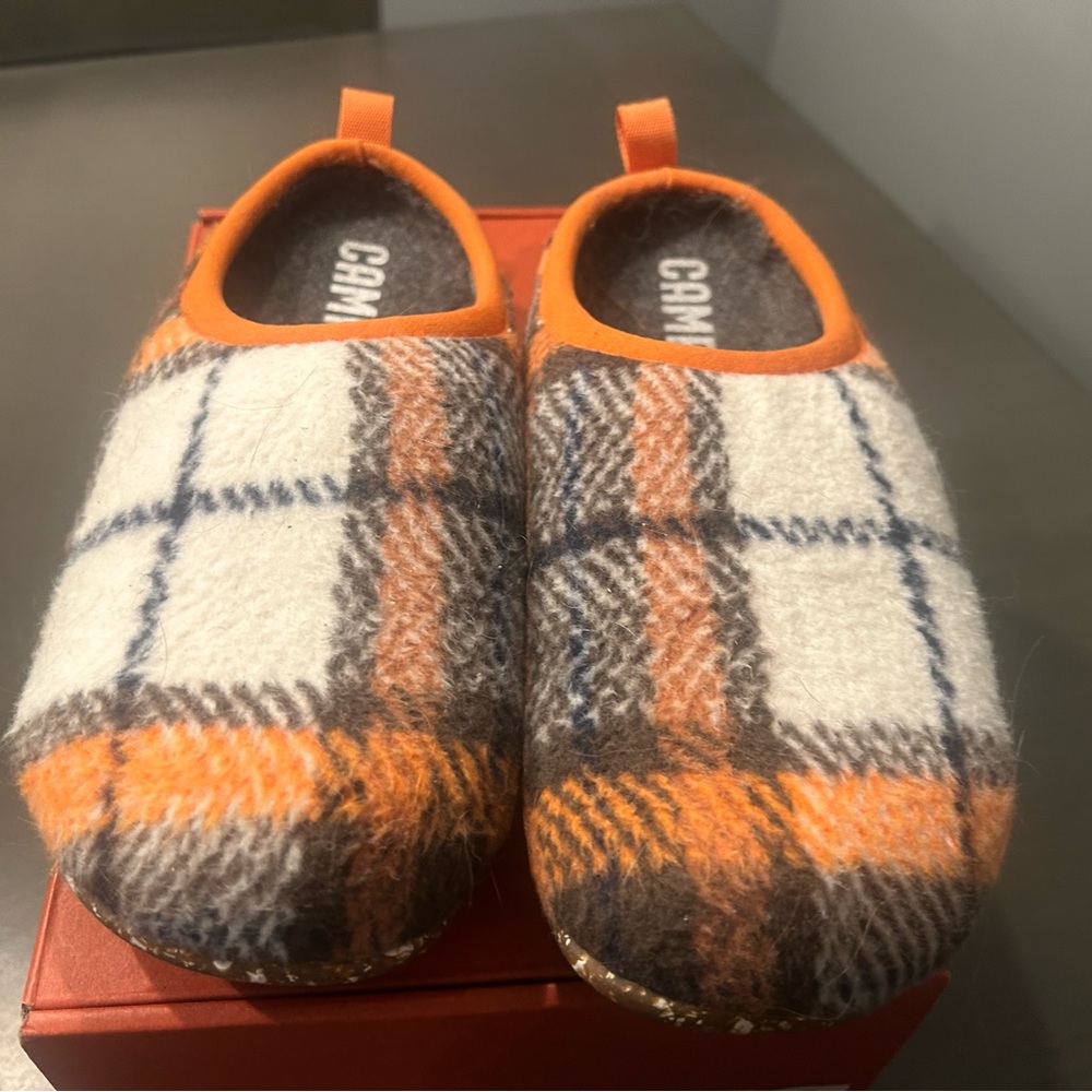 Camper women’s Plaid Slippers - Orange, Blue, and Brown